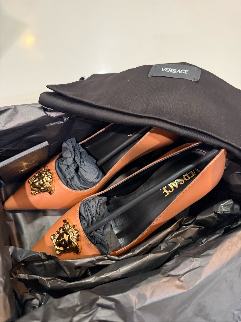 Versace Tan Leather Pointed Pumps with Gold Medusa Accent